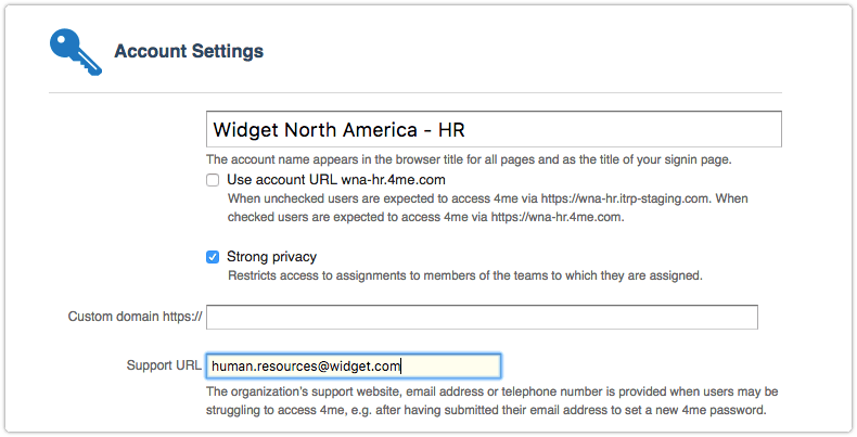 The Support URL field in the Account Settings section of the Settings console