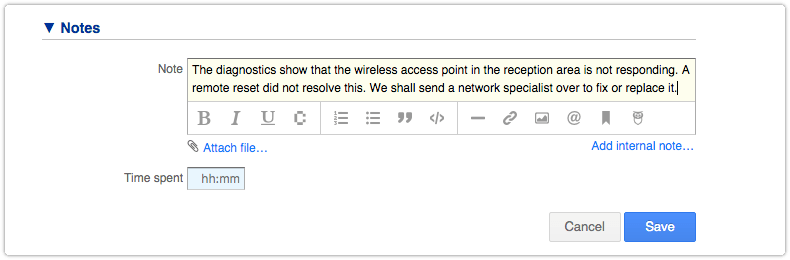 Request with a value in the Note field and an empty required Time spent field