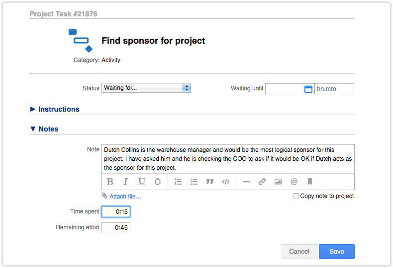 Project task with Time spent and Remaining effort fields