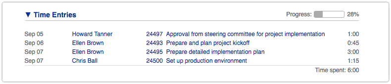 Project time entries with total time spent