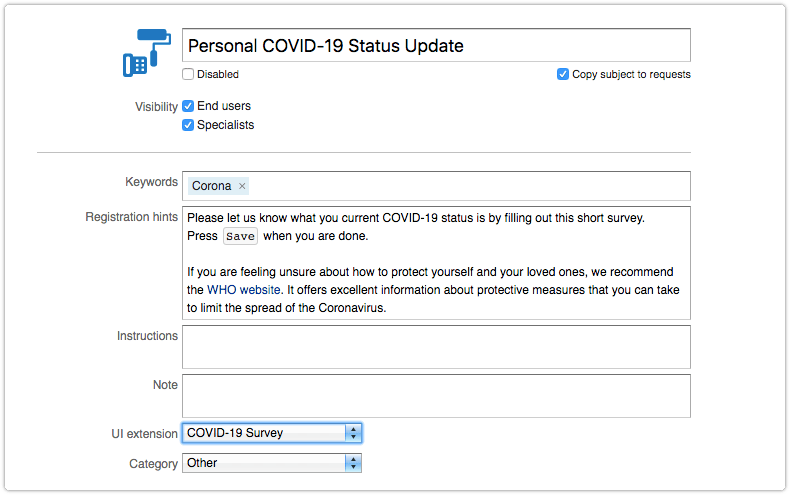 4me request template for personal COVID-19 status update