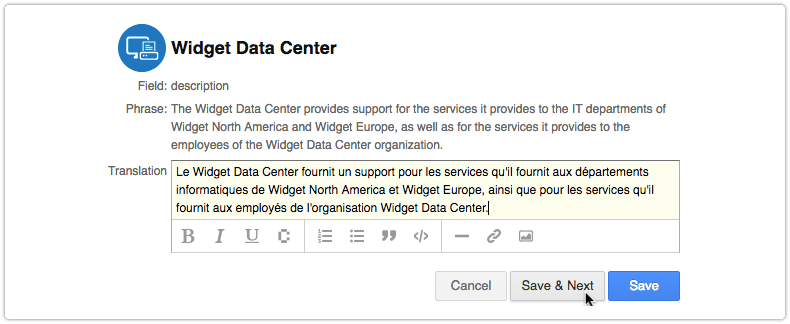 Phrase with translation Save and Next button
