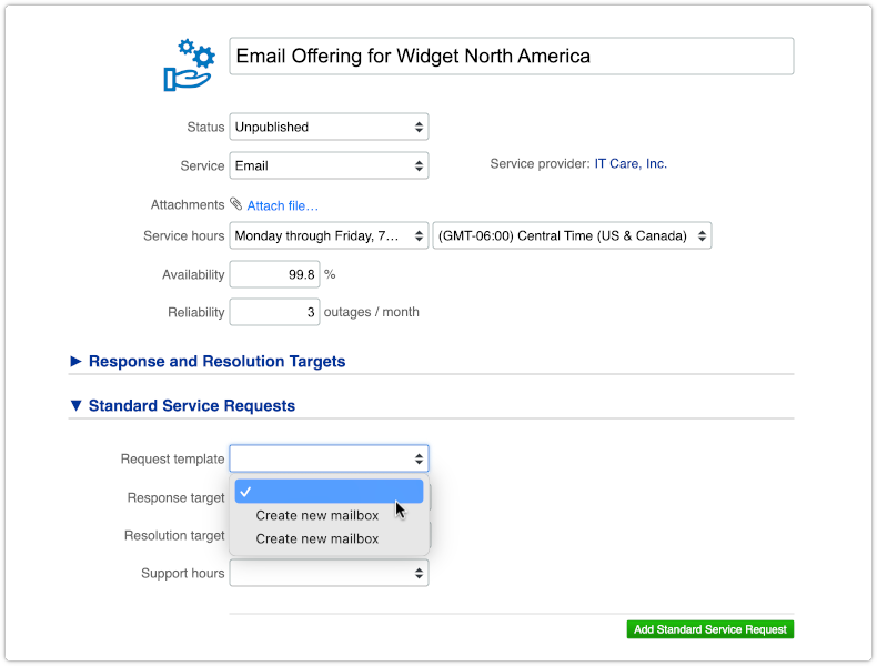 Selecting a request template in service offering