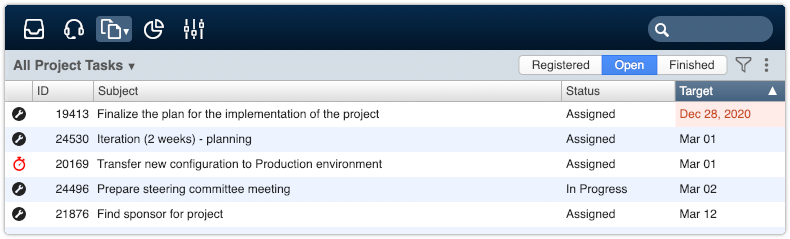Project tasks view with urgent icon