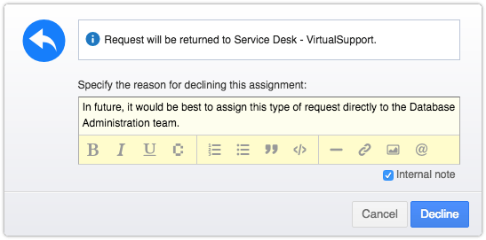Team to which declined request will be returned
