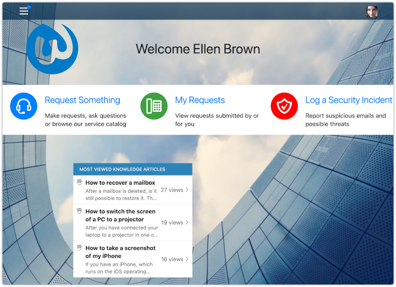 4me Self Service homepage with most-viewed knowledge articles widget