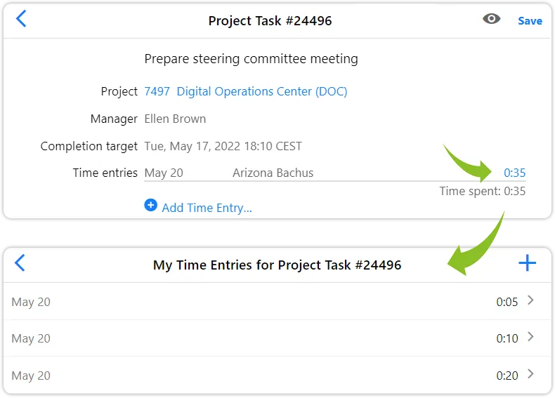 Project task consolidated time entries self service