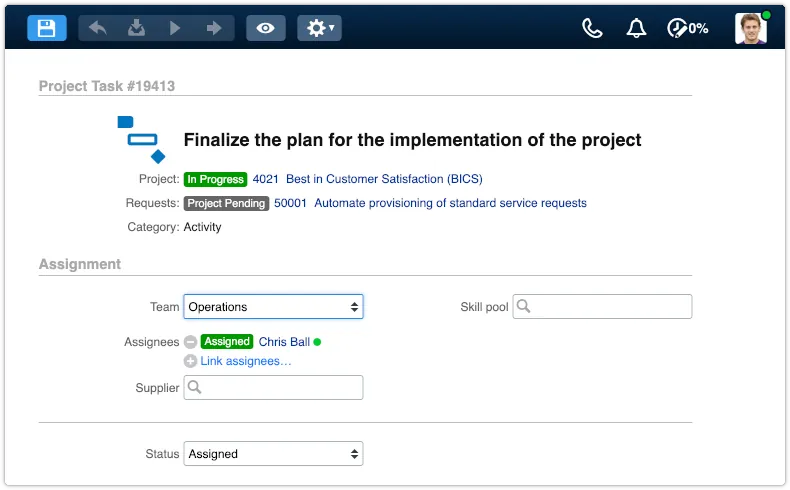 Project task in Edit mode with team and skill pool and member fields active