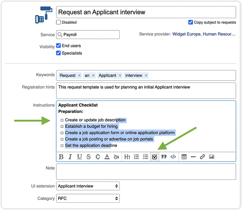 Checklist instructions template