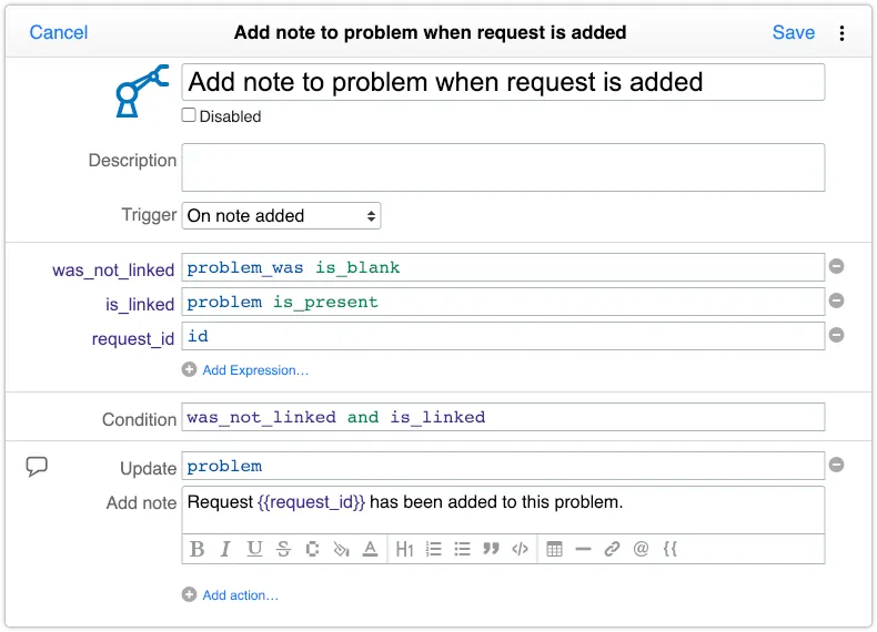 Automation rule that adds note to problem