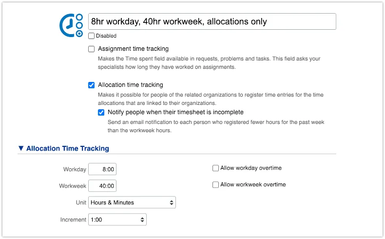 Timesheet settings with incomplete notifications activated