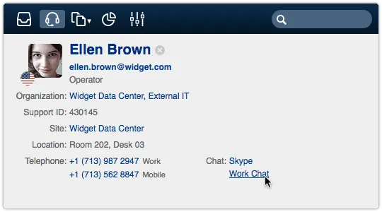 Person record with chat links in the ITRP Service Desk console