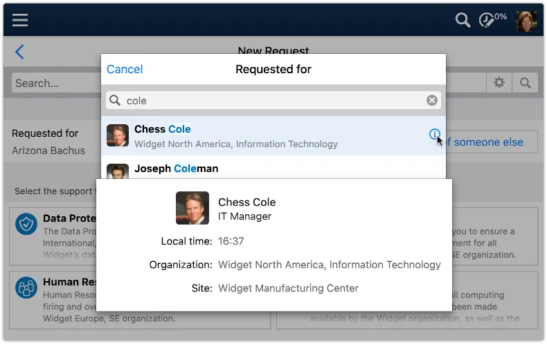 Person preview in 4me Self Service