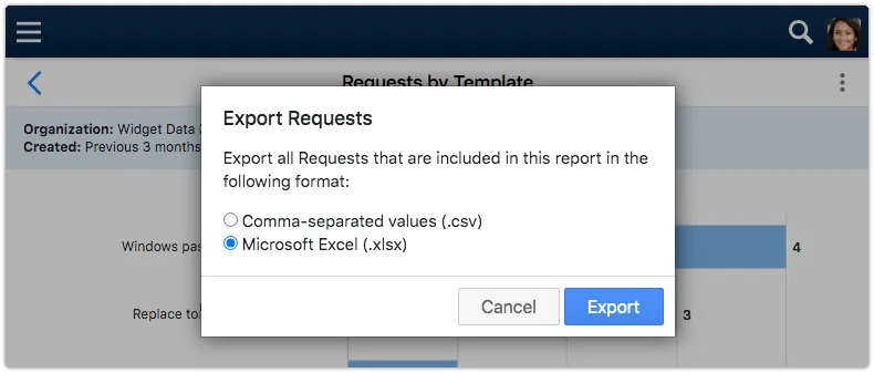 Export underlying requests from 4me Self Service report in Excel format