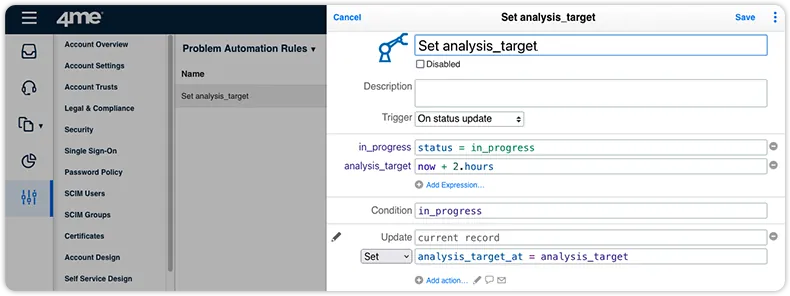 Analysis target problem automation rule