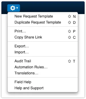 4me Actions menu with shortcut keys