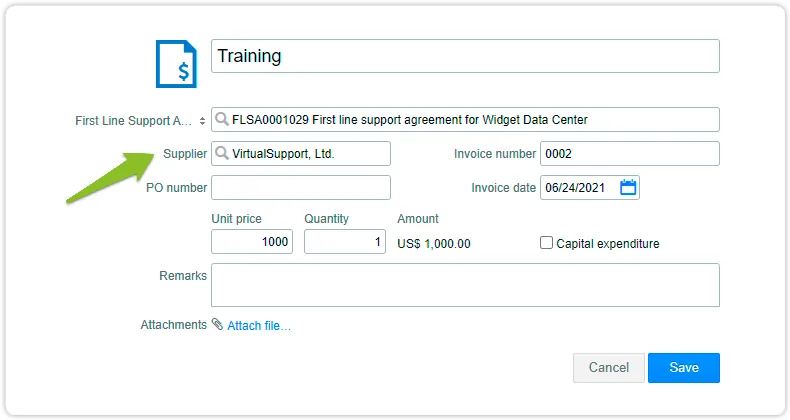 Linked invoice with selected supplier