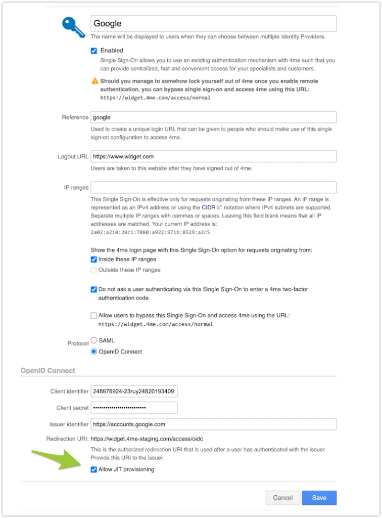 OpenID Connect single sign-on configuration with JIT provisioning activated