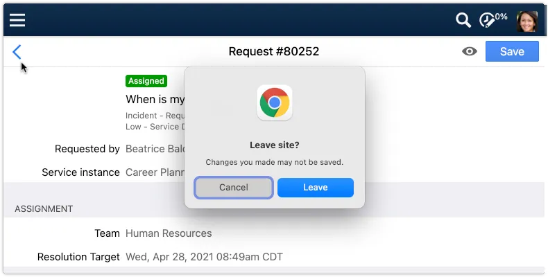 Unsaved changes warning in 4me App