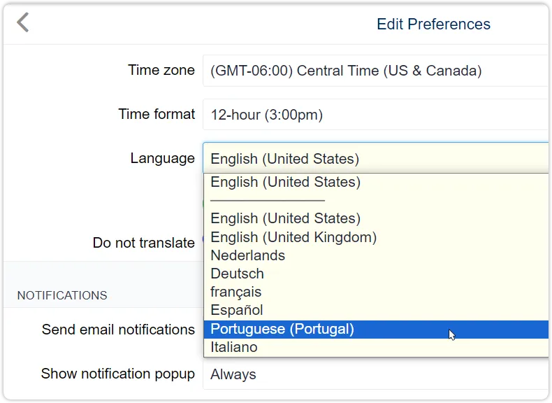 Settings languages