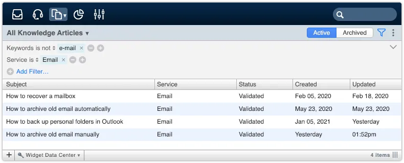 Knowledge articles view filtered by keywords