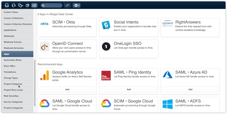 Apps section in 4me Settings console