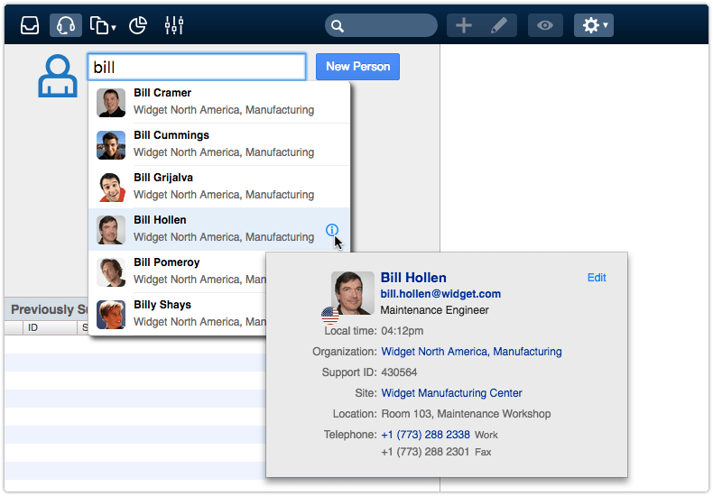 Requester preview opened from suggestions in Service Desk console