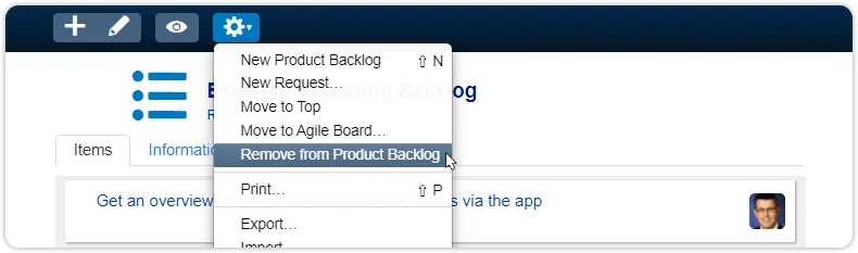 Action menu product backlog