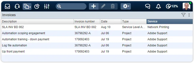 Invoice view with service column