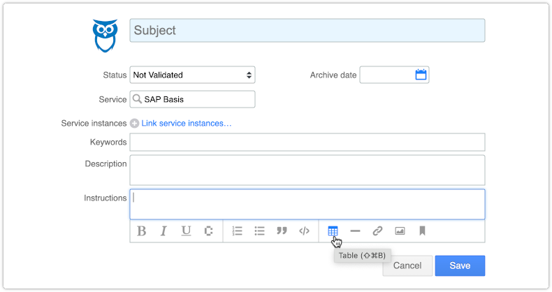 Insert table in rich text field