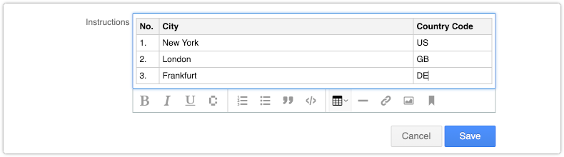 Insert table in rich text field