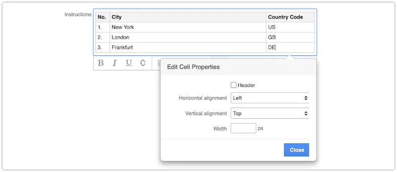 Insert table in rich text field