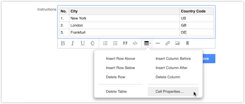 Insert table in rich text field