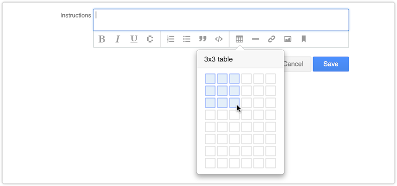 Insert table in rich text field