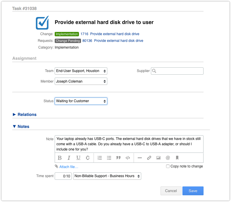 Task in Edit mode with status Waiting for Customer