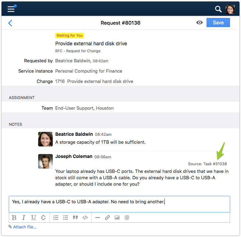 Request in status Waiting for Customer with new note from requester