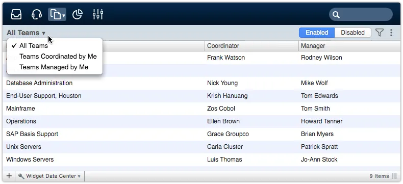 Teams view with Coordinator and Manager columns