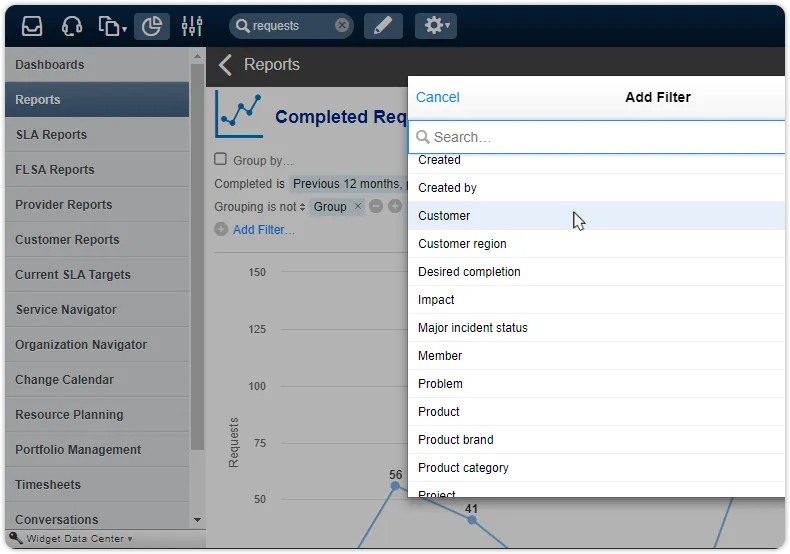 Customer organization filters request