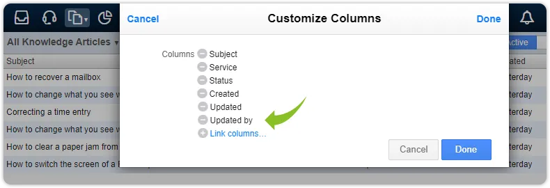 Updated by column knowledge articles view