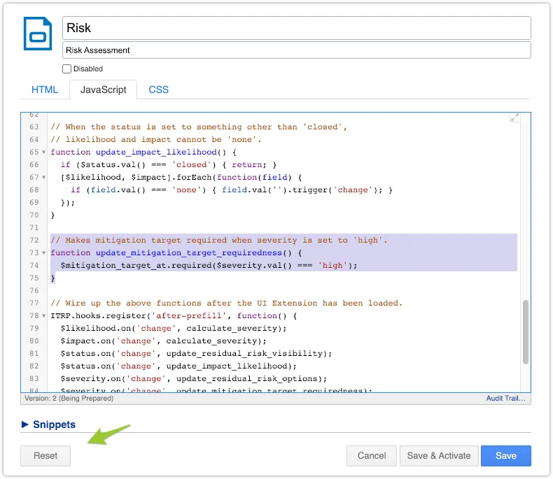 Reset button for Risk UI extension
