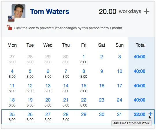 Timesheet with 1-week selected