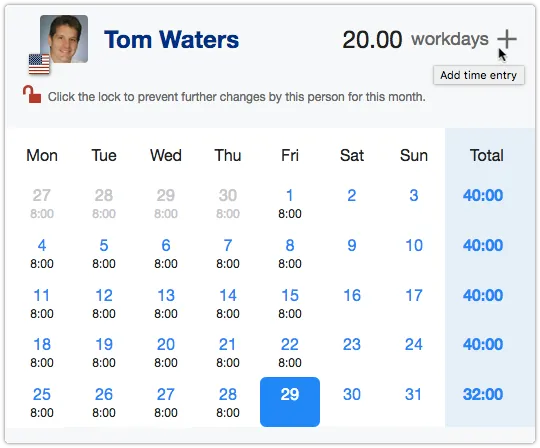 Timesheet with 1-day selected