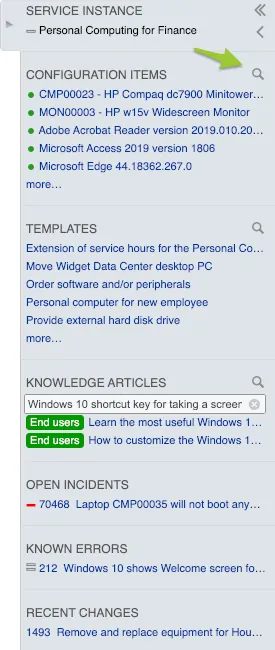 Search icon for configuration items in SHB