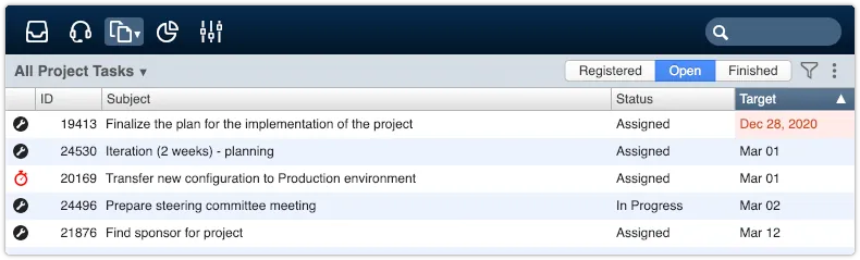 Project tasks view with urgent icon