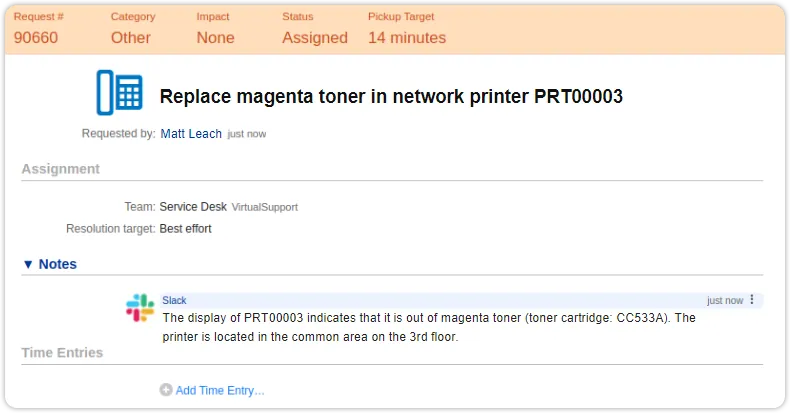 Slack integration registered request