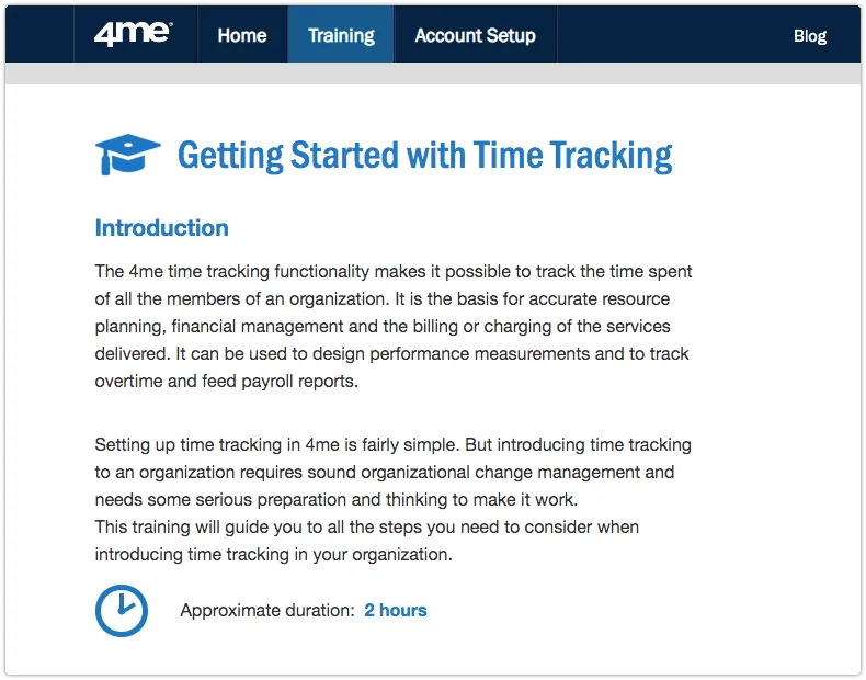 4me training module - Getting Started with Time Tracking - Introduction page