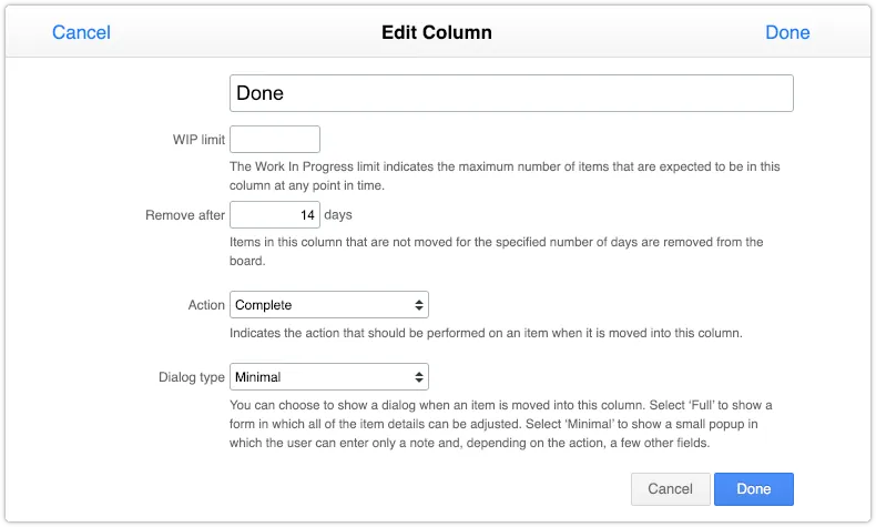 Agile board in Edit mode with Remove after field