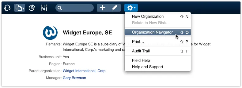 Organization navigator in Actions menu
