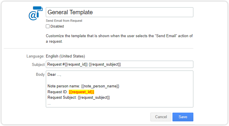 Example email template send from request
