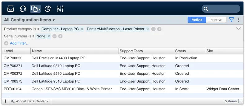All Configuration Items view with serial number filter applied